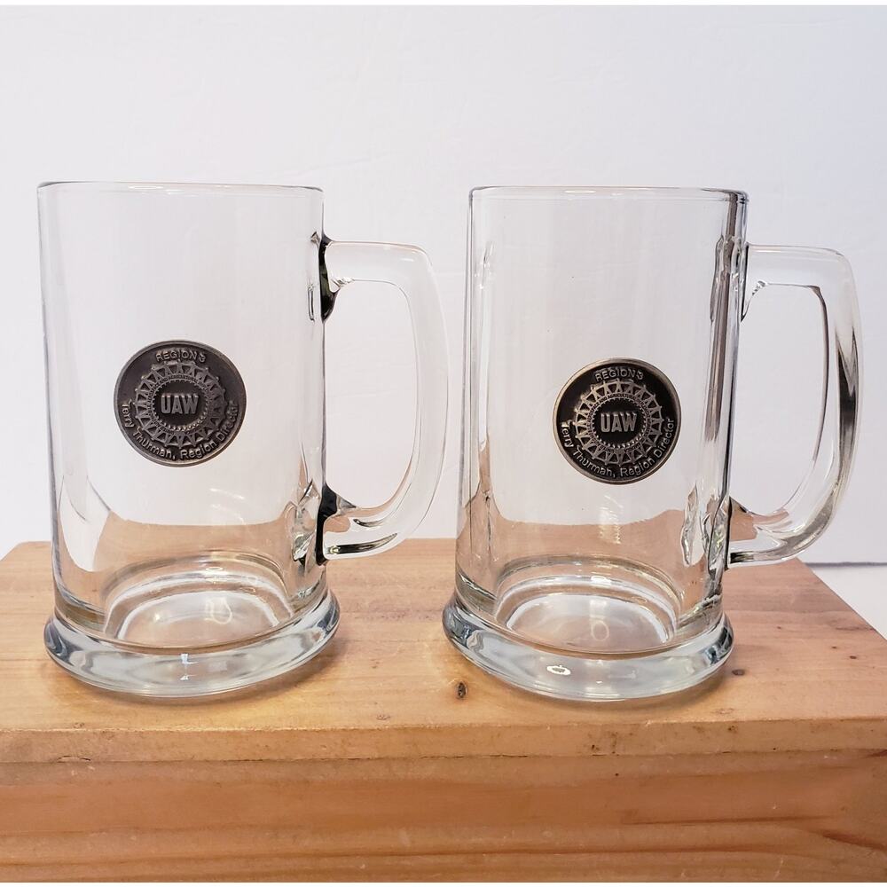 Libbey Set Of 2 UAW Region 8 Medallion Beer Mugs Tankard‎ Glasses 10oz